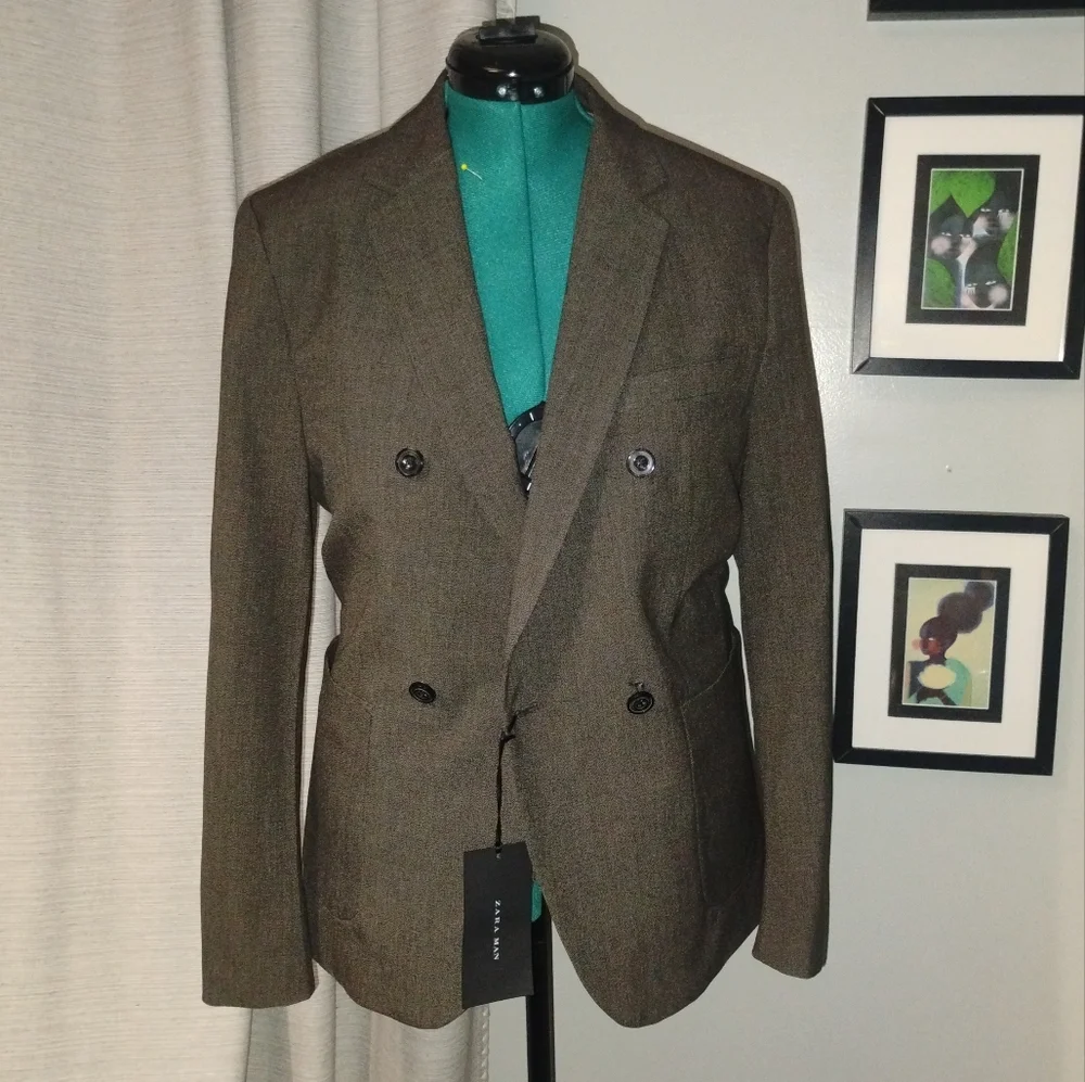 Zara Man 4 Button Textured Double Breasted Brown Blazer Sz 38 NWT